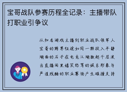 宝哥战队参赛历程全记录：主播带队打职业引争议