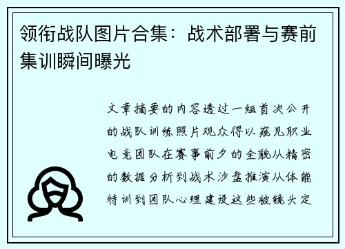 领衔战队图片合集：战术部署与赛前集训瞬间曝光