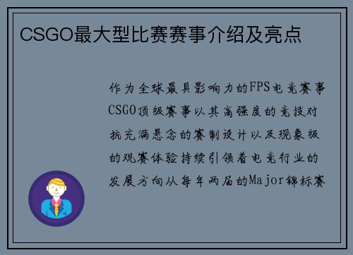 CSGO最大型比赛赛事介绍及亮点
